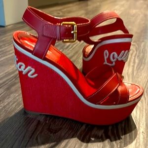Louis Vuitton red and cream wedge sandals, leather and embroidered cotton